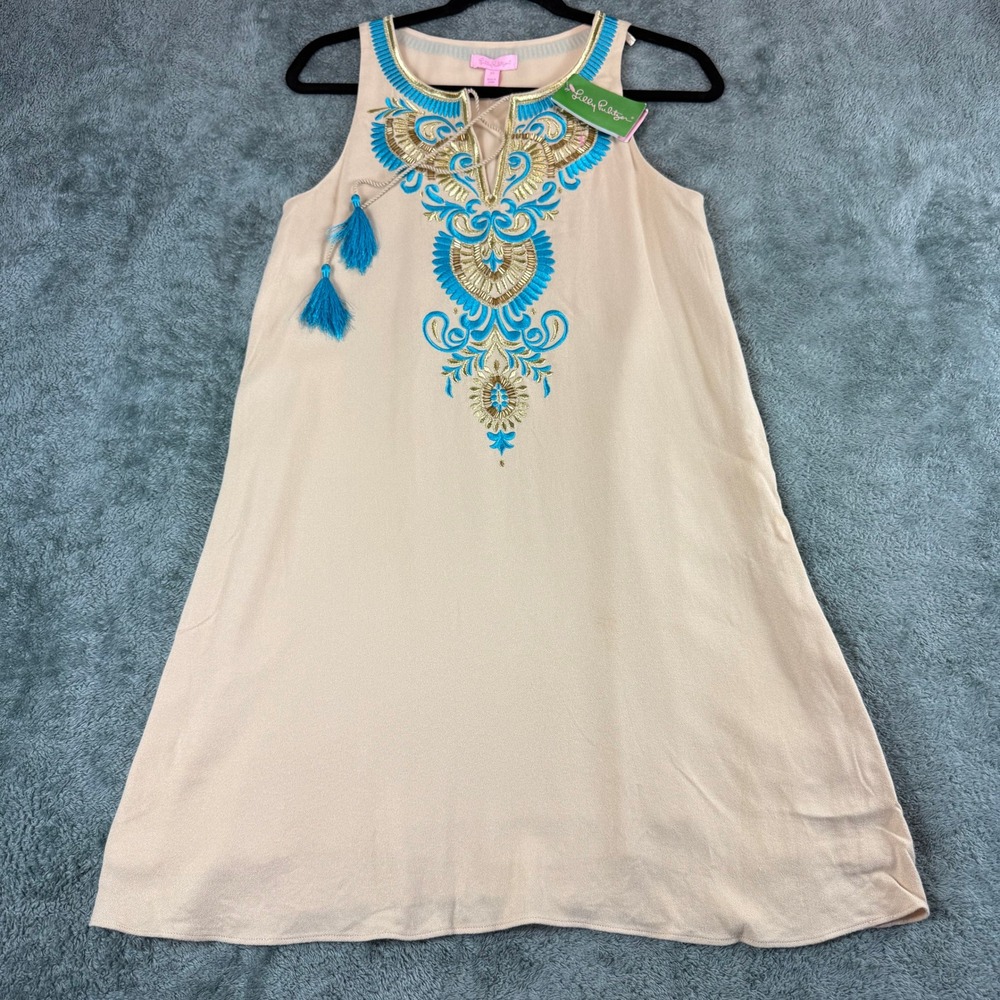 Lilly Pulitzer Sand Dune‎ Aubra Shift Dress XS Embellished Tassels Tie Neck